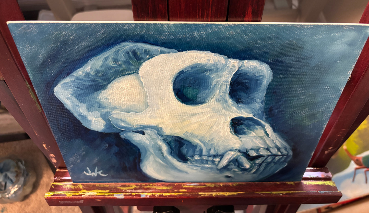 "Gorilla Skull Study in Blue" - Original Oil Painting on Canvas Board
