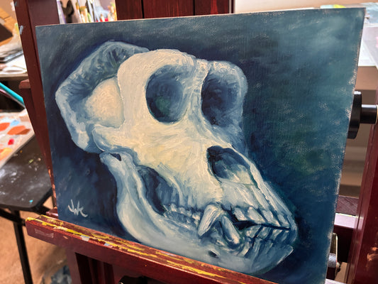 "Gorilla Skull Study in Blue" - Original Oil Painting on Canvas Board