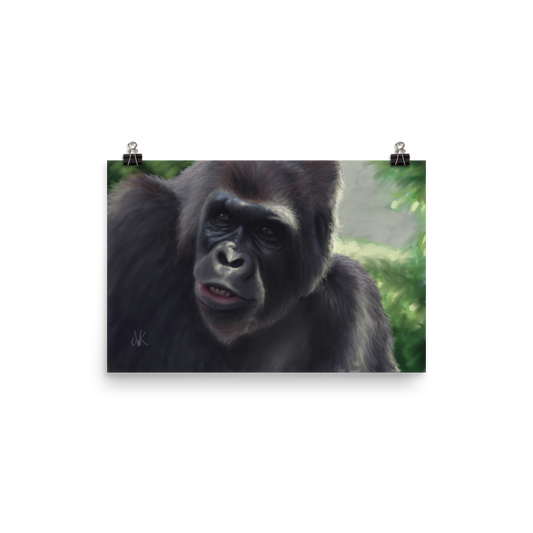 This print showcases a digital painting of my favorite animal, the gorilla. Their human-like qualities make me feel lots of empathy and wonder toward them. They are fascinatingly smart while also full of strength. This digital wildlife animal painting print design is printed on matte paper and comes as framed wall art for display. These apes have long facial hair and powerful jaws along with cute and sympathetic eyes. This print comes rolled on matte paper ready to be framed and displayed.