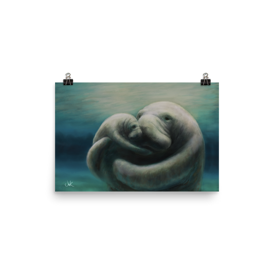 In this print of a digital painting, I tried to capture my love for manatees by showcasing a mother and her calf snuggling. Manatees are natural inhabitants of my state, Florida, especially during the winter months when the warmth of the springs draws them in. This digital wildlife animal painting design is printed on matte paper and comes rolled and ready to be framed for display.