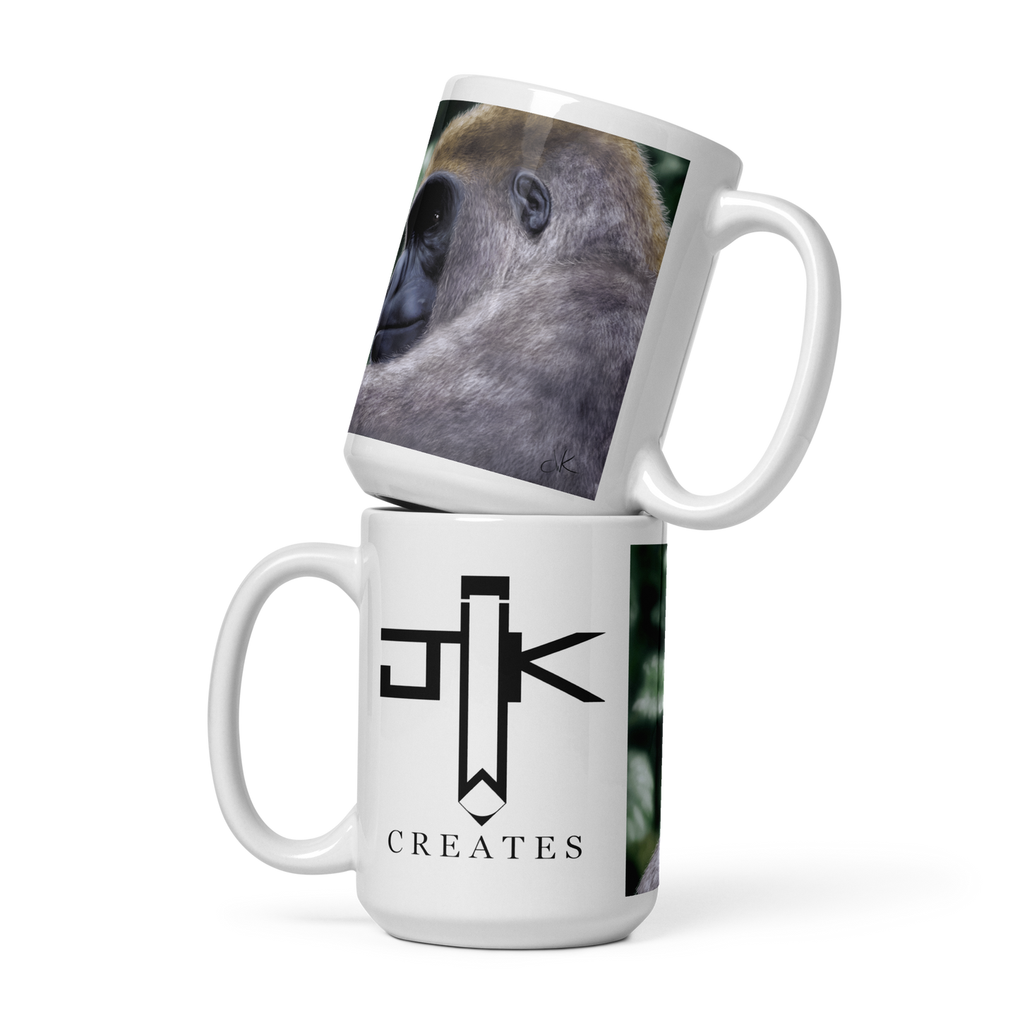 This is a printed mug of a revised digital painting where I started over from scratch. The result is a more realistic gorilla with a pensive gaze. Their human-like qualities make me feel lots of empathy and wonder toward them. They are fascinatingly smart while also full of strength. These apes have long facial hair and powerful jaws along with cute and sympathetic eyes. This digital wildlife animal painting print design is printed on a glossy mug perfect for enjoying your favorite beverages.