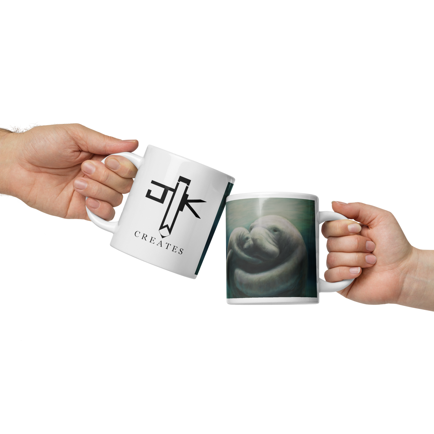 In this printed mug of a digital painting, I tried to capture my love for manatees by showcasing a mother and her calf snuggling. Manatees are natural inhabitants of my state, Florida, especially during the winter months when the warmth of the springs draws them in. This digital wildlife animal painting print design is printed on a glossy mug perfect for sipping your favorite beverages.