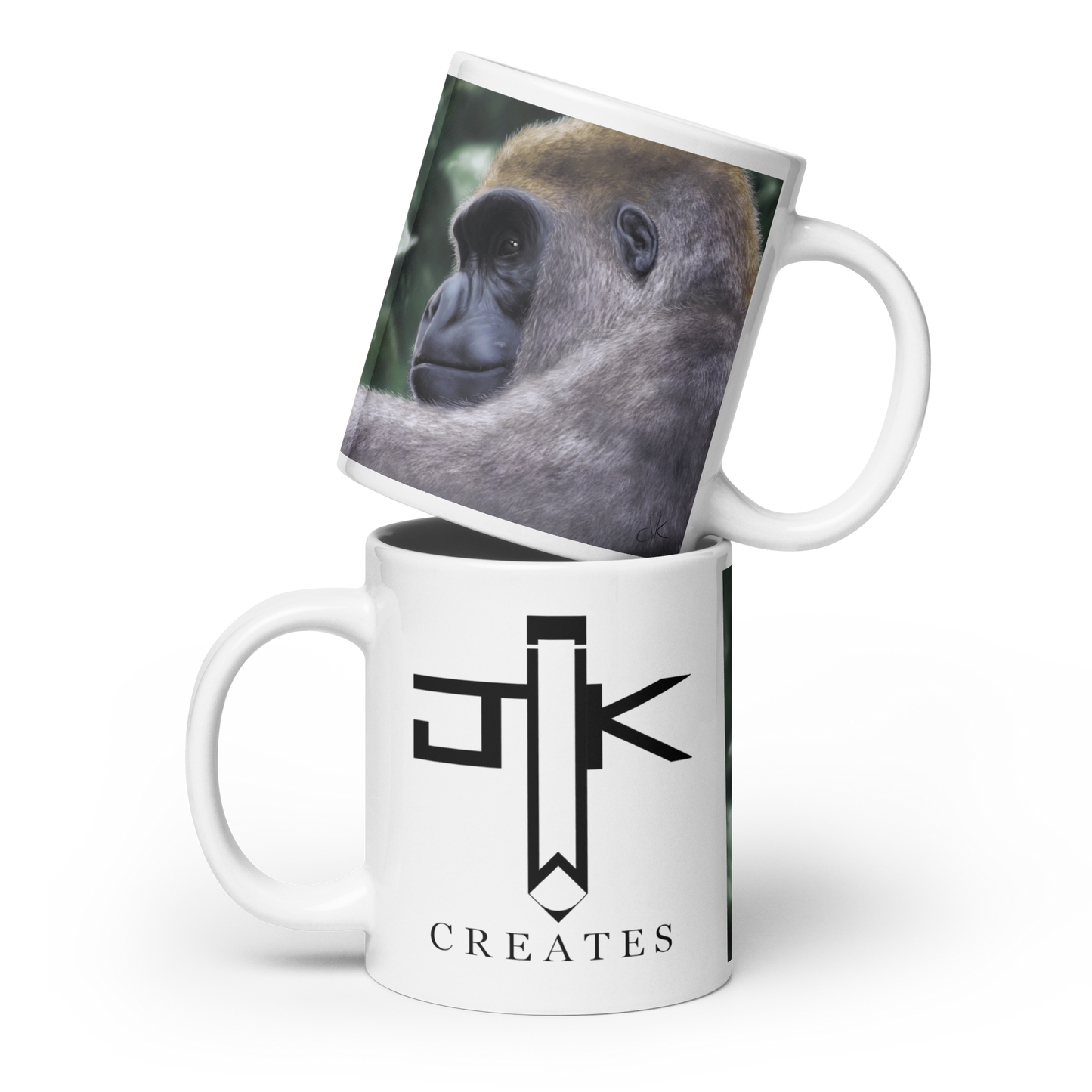 This is a printed mug of a revised digital painting where I started over from scratch. The result is a more realistic gorilla with a pensive gaze. Their human-like qualities make me feel lots of empathy and wonder toward them. They are fascinatingly smart while also full of strength. These apes have long facial hair and powerful jaws along with cute and sympathetic eyes. This digital wildlife animal painting print design is printed on a glossy mug perfect for enjoying your favorite beverages.