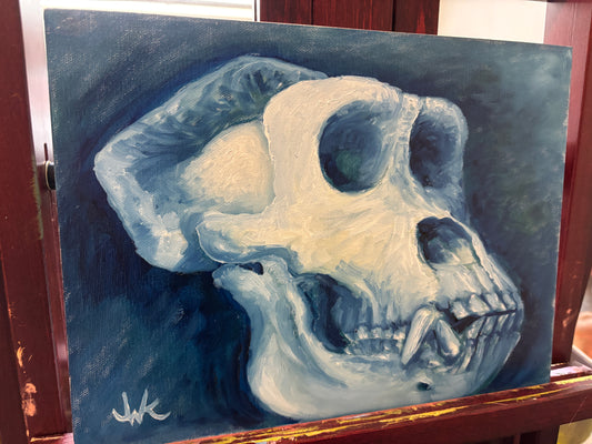 "Gorilla Skull Study in Blue" - Original Oil Painting on Canvas Board