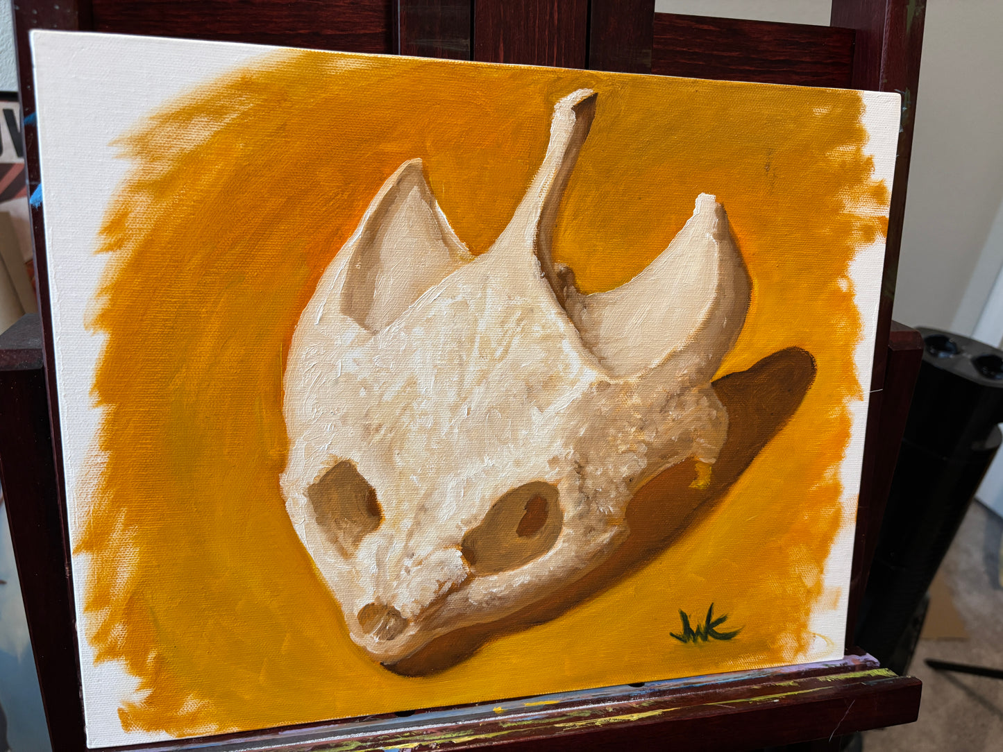 "Large Turtle Skull Study in Orange" - Original Oil Painting on Canvas Board