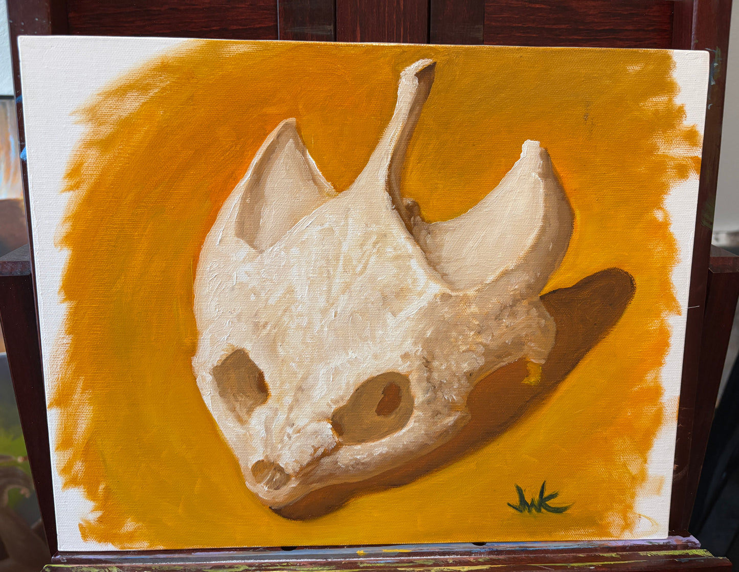 "Large Turtle Skull Study in Orange" - Original Oil Painting on Canvas Board