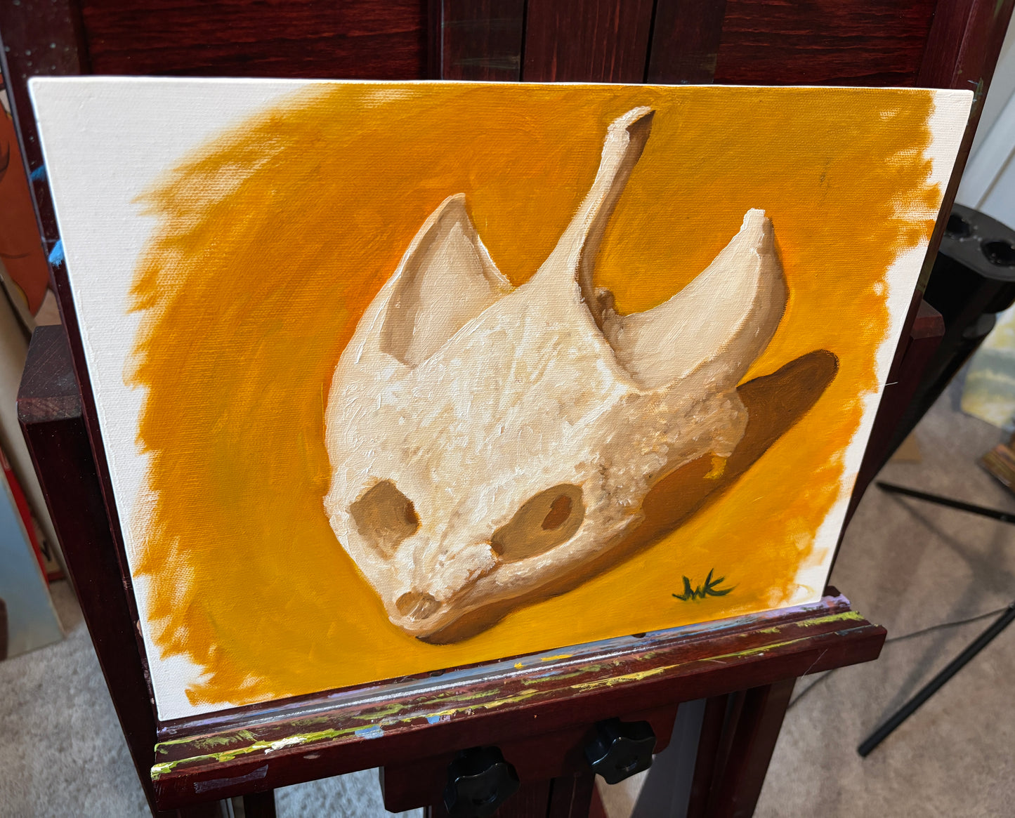 "Large Turtle Skull Study in Orange" - Original Oil Painting on Canvas Board