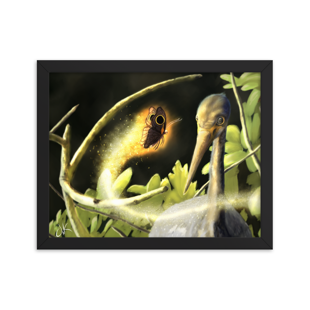 This print of a digital painting is the first image in an ongoing series where animals meet special glowing insects face to face. In this particular encounter, a tricolor crane meets a luminescent butterfly. This digital wildlife animal painting print design is printed on matte paper and comes as framed wall art for display.