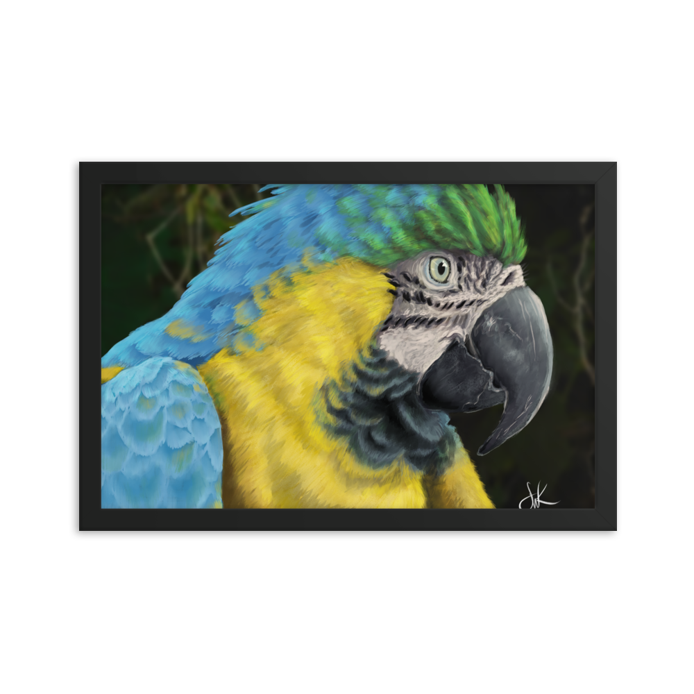 Macaws are such beautiful birds that I had to paint one. I especially love its beautiful vibrant colors in this digital painting. This digital wildlife animal painting print design is printed on matte paper and comes as framed wall art for display.