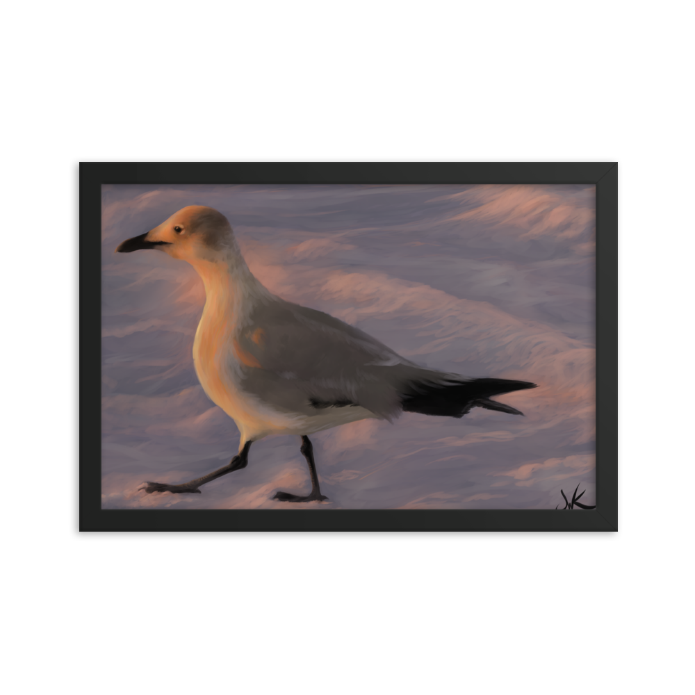 Have you ever been captured by the beauty of a Florida sunset? I was when I painted this digital piece depicting a young laughing gull walking toward the warm glow of the sun as it kissed the ocean “good night.” This digital wildlife animal painting print design is printed on matte paper and comes as framed wall art for display.