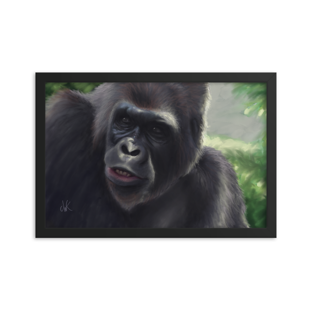 This print showcases a digital painting of my favorite animal, the gorilla. Their human-like qualities make me feel lots of empathy and wonder toward them. They are fascinatingly smart while also full of strength. This digital wildlife animal painting print design is printed on matte paper and comes as framed wall art for display. These apes have long facial hair and powerful jaws along with cute and sympathetic eyes. This print comes framed on matte paper ready to be displayed.