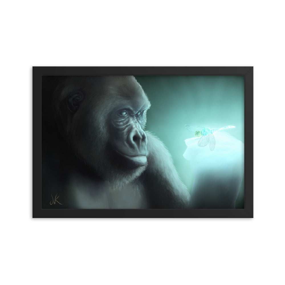 This digital wildlife animal painting print design is of a gorilla encountering a glowing dragonfly. This painting is the second piece of a whimsical series of wildlife art where animals come face to face with mysterious luminous insects. These apes have long facial hair and powerful jaws along with cute and sympathetic eyes. This particular painting design of animal wall art comes as framed matte paper prints ready to be displayed.