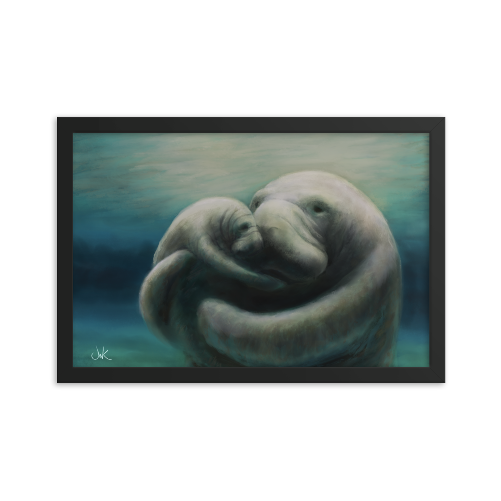 In this print of a digital painting, I tried to capture my love for manatees by showcasing a mother and her calf snuggling. Manatees are natural inhabitants of my state, Florida, especially during the winter months when the warmth of the springs draws them in. This digital wildlife animal painting print design is printed on matte paper and comes as framed wall art for display.