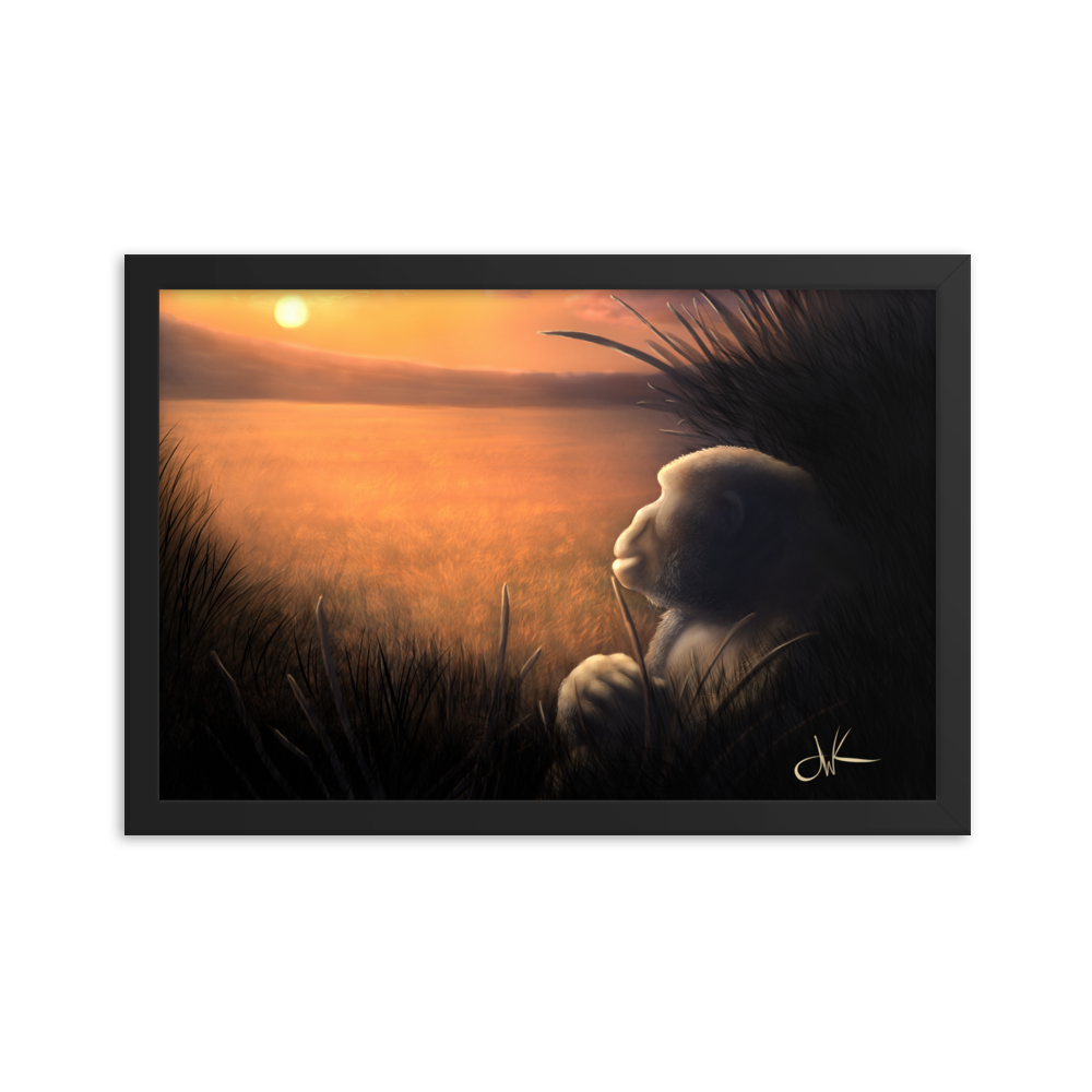 This print of a digital painting was one I worked on over a few livestreams. There’s something about animals in connection with sunrises and sunsets that I feel evokes strong emotions, especially when paired with my favorite animal, a gorilla. These apes have long facial hair and powerful jaws along with cute and sympathetic eyes. This wildlife animal wall art comes framed on matte paper ready to be displayed.