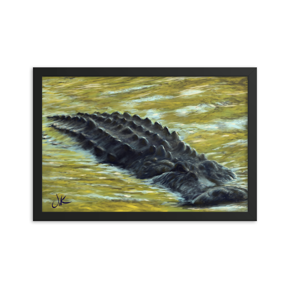 Inspired by the numerous inhabitants of my state, Florida, this print of a digital painting showcases a gator as it floats through the reflective water of an afternoon in the fall when all the leaves are changing color. These reptiles have long snouts and powerful jaws along with dark chilling eyes. This framed matte paper print wall art comes ready to be displayed.