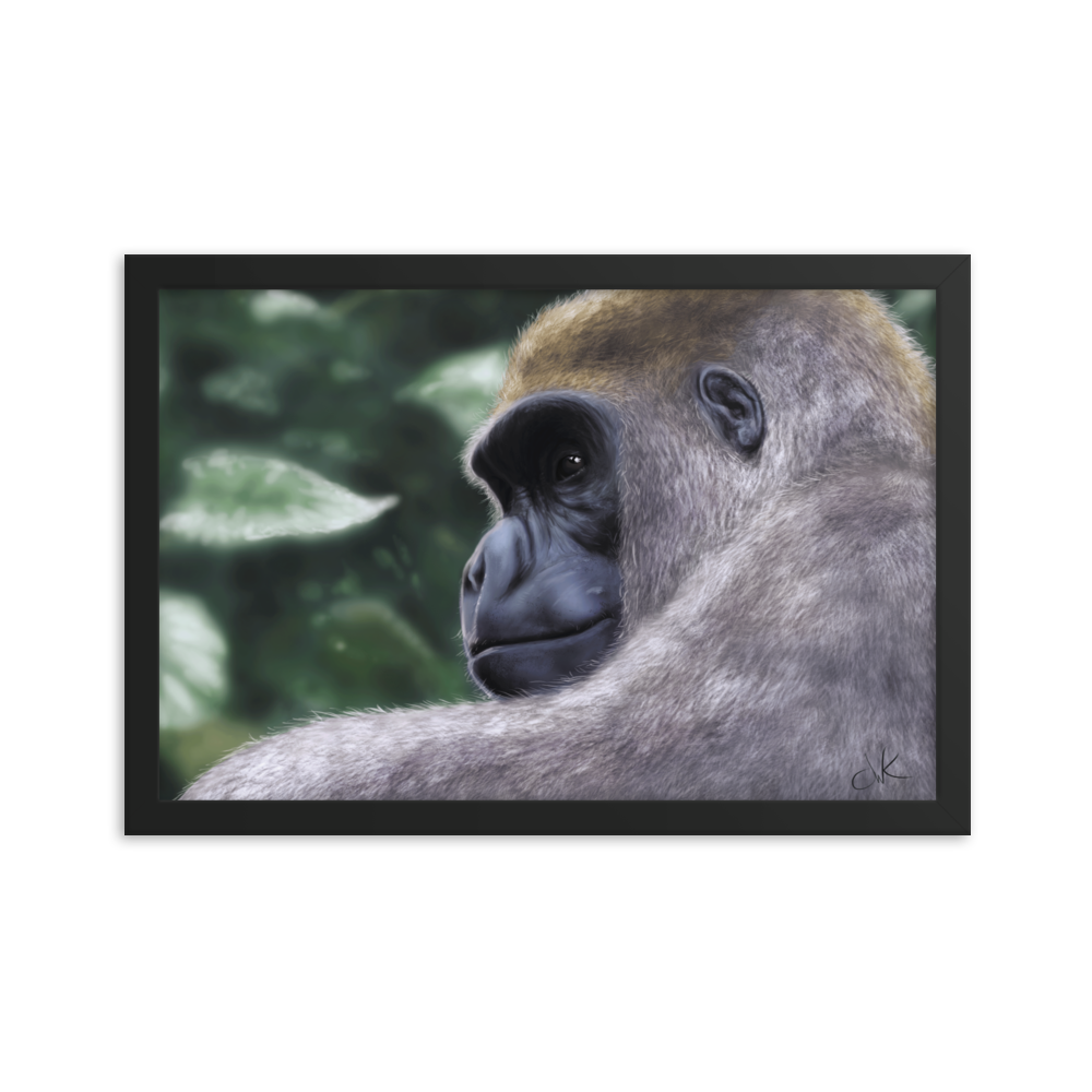 This is a print of a revised digital painting where I started over from scratch. The result is a more realistic gorilla with a pensive gaze.&nbsp;Their human-like qualities make me feel lots of empathy and wonder toward them. They are fascinatingly smart while also full of strength. This digital wildlife animal painting print design is printed on matte paper and comes as framed wall art for display.