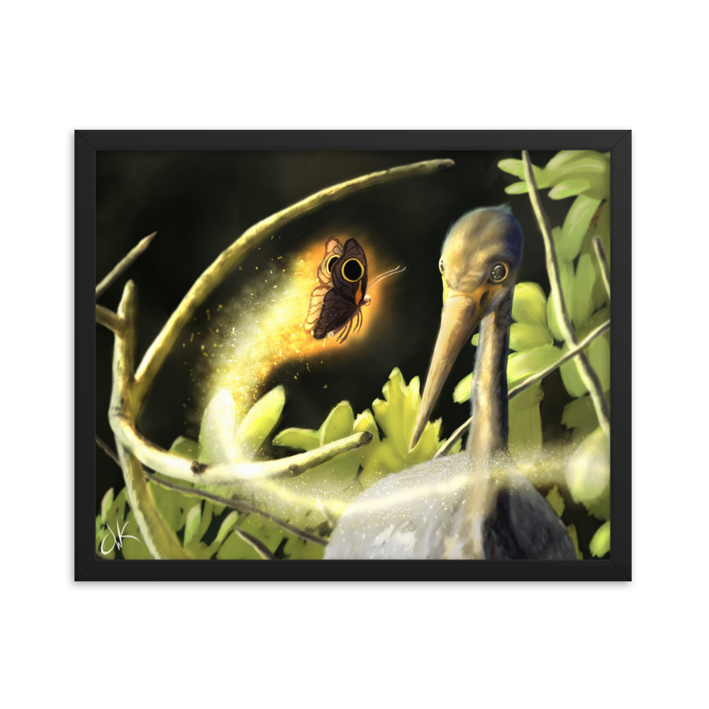 This print of a digital painting is the first image in an ongoing series where animals meet special glowing insects face to face. In this particular encounter, a tricolor crane meets a luminescent butterfly. This digital wildlife animal painting print design is printed on matte paper and comes as framed wall art for display.