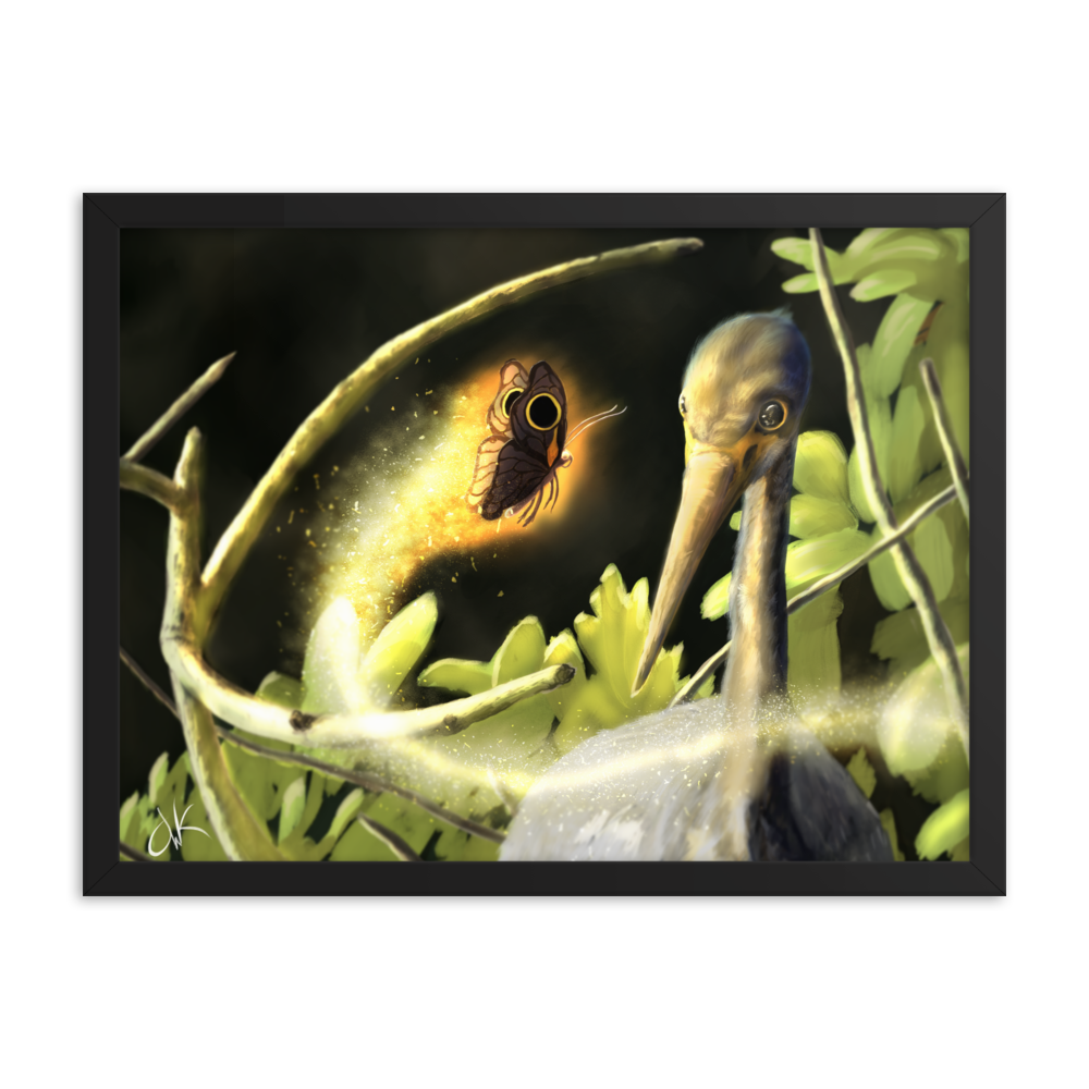 This print of a digital painting is the first image in an ongoing series where animals meet special glowing insects face to face. In this particular encounter, a tricolor crane meets a luminescent butterfly. This digital wildlife animal painting print design is printed on matte paper and comes as framed wall art for display.