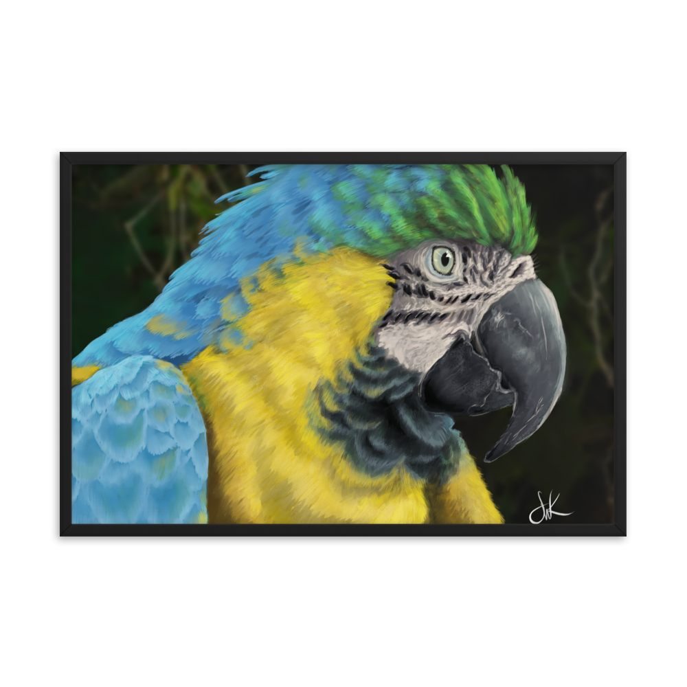 Macaws are such beautiful birds that I had to paint one. I especially love its beautiful vibrant colors in this digital painting. This digital wildlife animal painting print design is printed on matte paper and comes as framed wall art for display.