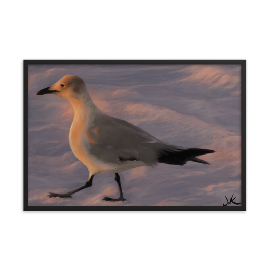 Have you ever been captured by the beauty of a Florida sunset? I was when I painted this digital piece depicting a young laughing gull walking toward the warm glow of the sun as it kissed the ocean “good night.” This digital wildlife animal painting print design is printed on matte paper and comes as framed wall art for display.