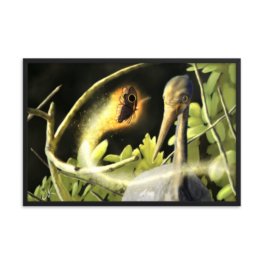 This print of a digital painting is the first image in an ongoing series where animals meet special glowing insects face to face. In this particular encounter, a tricolor crane meets a luminescent butterfly. This digital wildlife animal painting print design is printed on matte paper and comes as framed wall art for display.