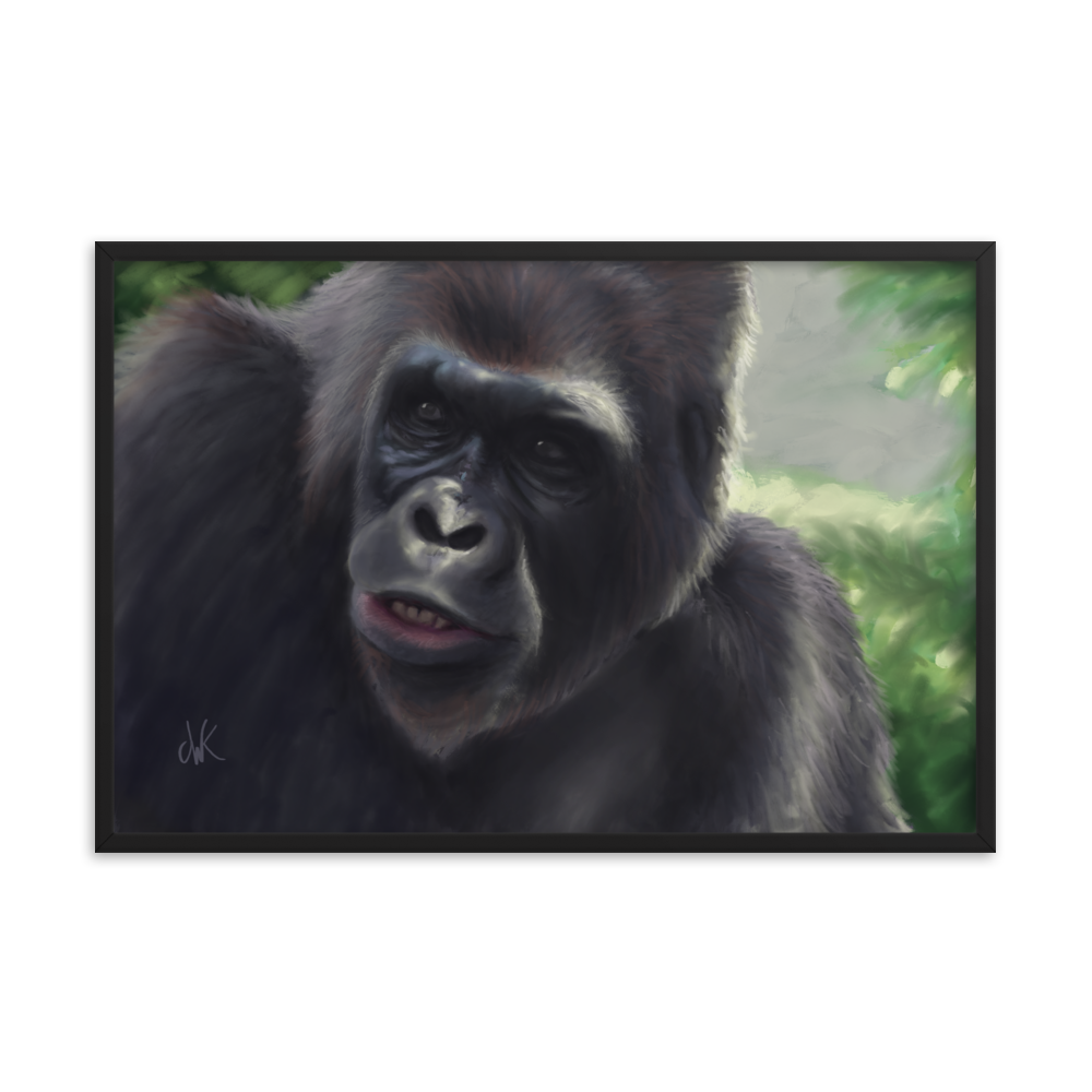 This print showcases a digital painting of my favorite animal, the gorilla. Their human-like qualities make me feel lots of empathy and wonder toward them. They are fascinatingly smart while also full of strength. This digital wildlife animal painting print design is printed on matte paper and comes as framed wall art for display. These apes have long facial hair and powerful jaws along with cute and sympathetic eyes. This print comes framed on matte paper ready to be displayed.