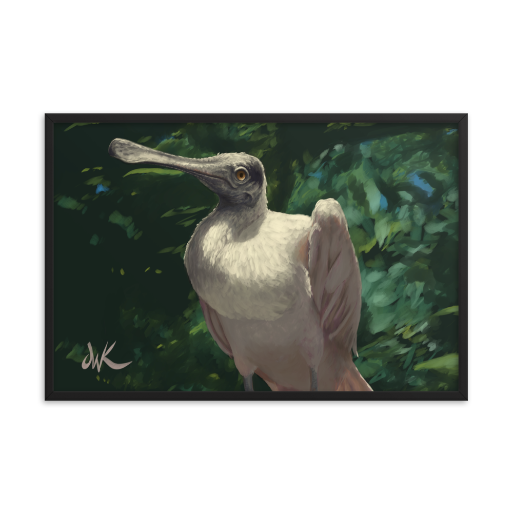 A curiously odd and funny creature, the spoonbill is definitely a sight to see. This is a print of one of my digital paintings capturing the essence of the bird whose name is so fitting. This digital wildlife animal painting print design is printed on matte paper and comes as framed wall art for display.