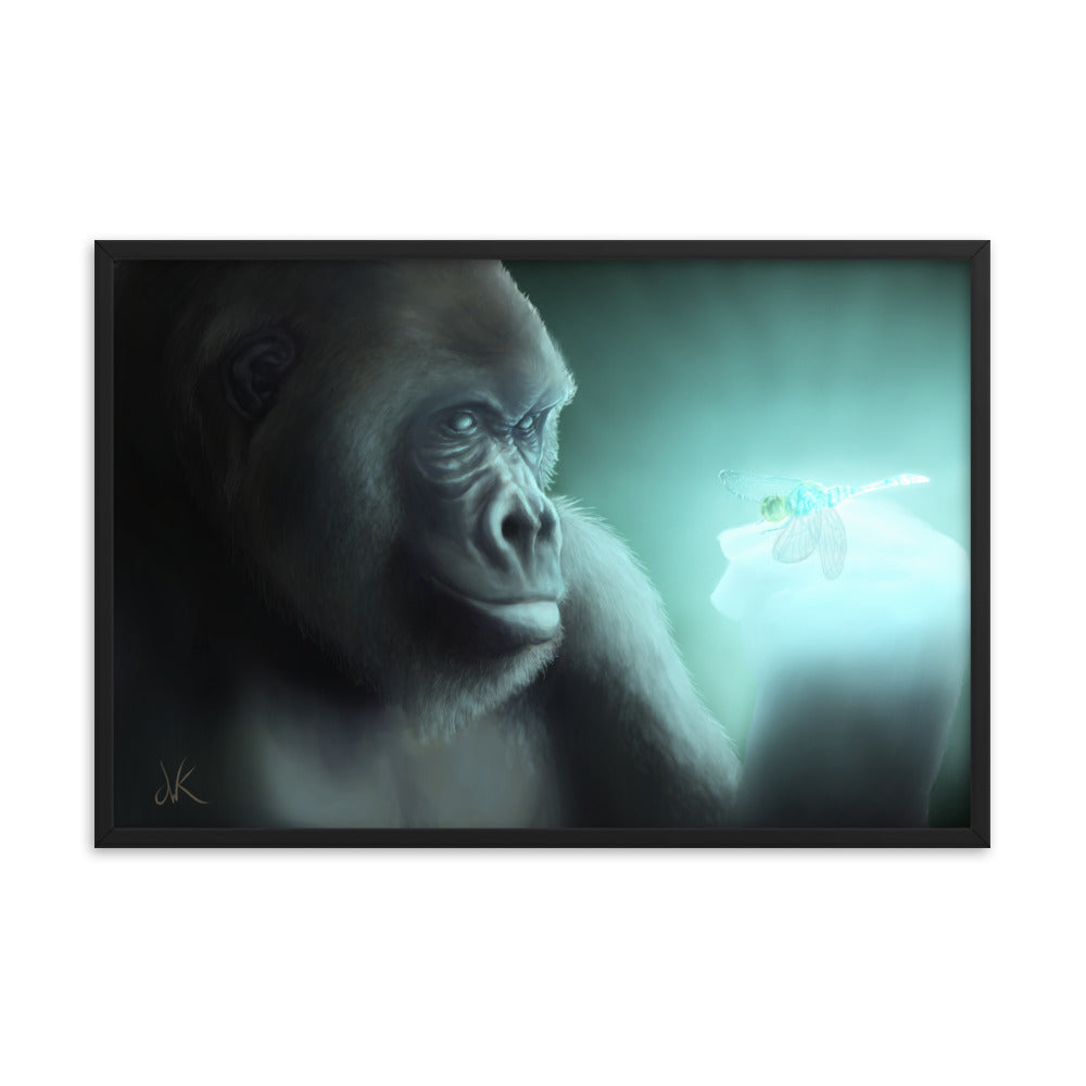 This digital wildlife animal painting print design is of a gorilla encountering a glowing dragonfly. This painting is the second piece of a whimsical series of wildlife art where animals come face to face with mysterious luminous insects. These apes have long facial hair and powerful jaws along with cute and sympathetic eyes. This particular painting design of animal wall art comes as framed matte paper prints ready to be displayed.