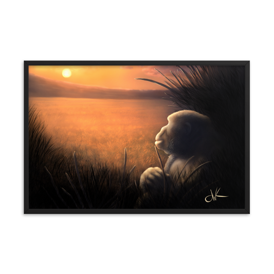 This print of a digital painting was one I worked on over a few livestreams. There’s something about animals in connection with sunrises and sunsets that I feel evokes strong emotions, especially when paired with my favorite animal, a gorilla. These apes have long facial hair and powerful jaws along with cute and sympathetic eyes. This wildlife animal wall art comes framed on matte paper ready to be displayed.