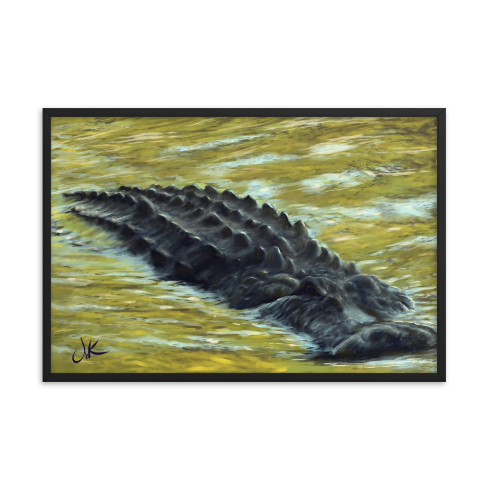 Inspired by the numerous inhabitants of my state, Florida, this print of a digital painting showcases a gator as it floats through the reflective water of an afternoon in the fall when all the leaves are changing color. These reptiles have long snouts and powerful jaws along with dark chilling eyes. This framed matte paper print wall art comes ready to be displayed.