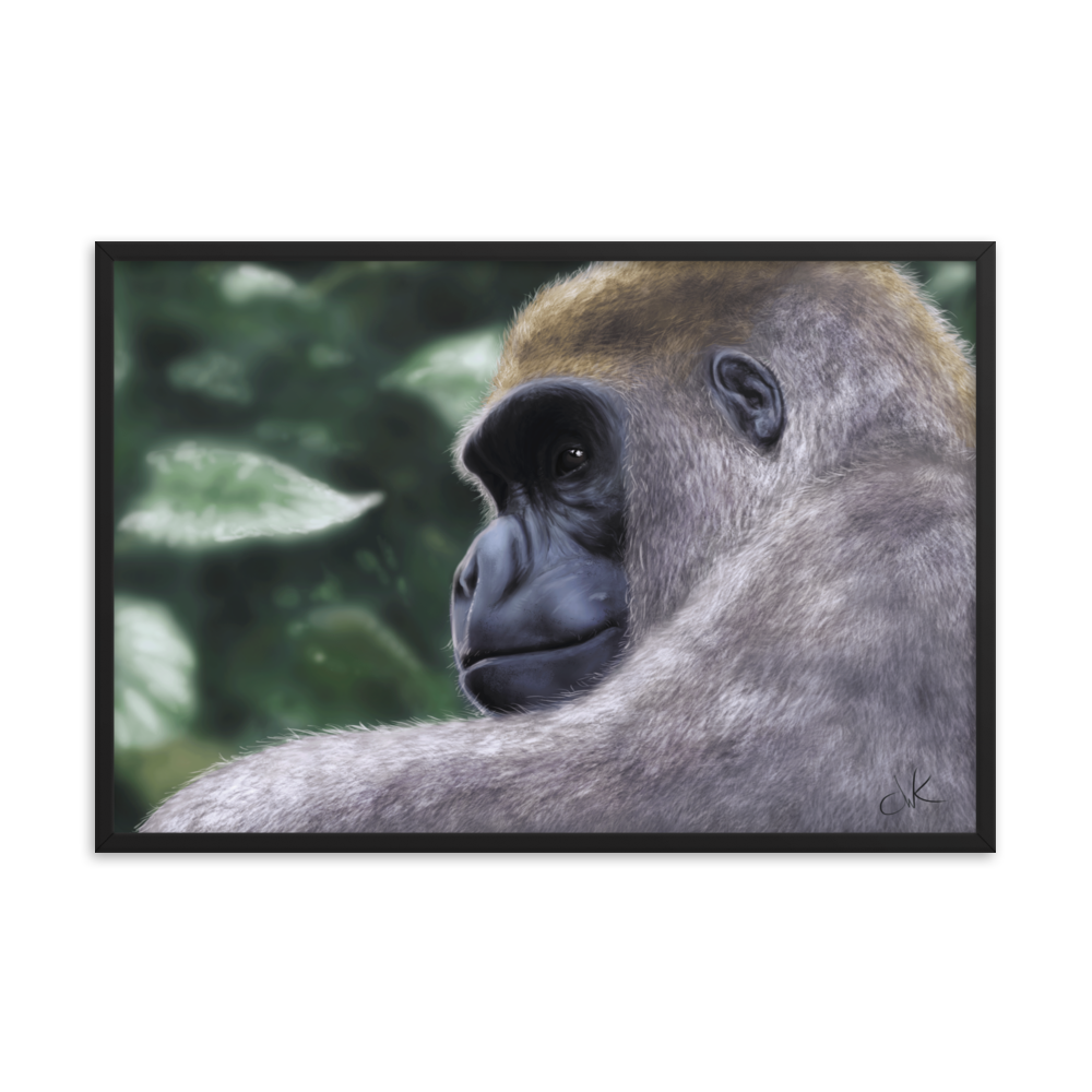 This is a print of a revised digital painting where I started over from scratch. The result is a more realistic gorilla with a pensive gaze.&nbsp;Their human-like qualities make me feel lots of empathy and wonder toward them. They are fascinatingly smart while also full of strength. This digital wildlife animal painting print design is printed on matte paper and comes as framed wall art for display.