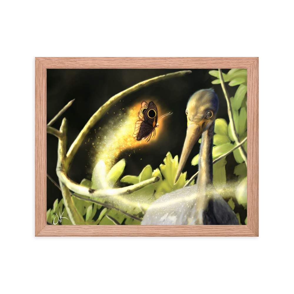 This print of a digital painting is the first image in an ongoing series where animals meet special glowing insects face to face. In this particular encounter, a tricolor crane meets a luminescent butterfly. This digital wildlife animal painting print design is printed on matte paper and comes as framed wall art for display.