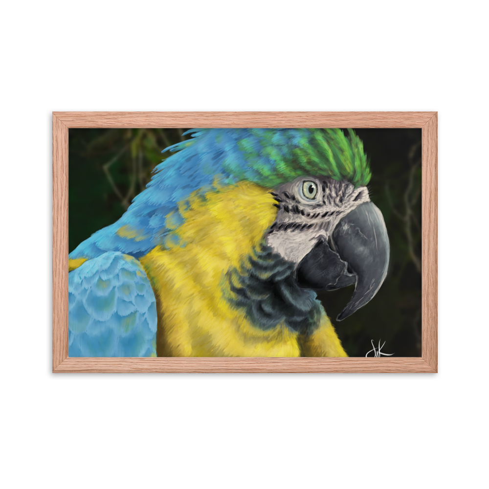 Macaws are such beautiful birds that I had to paint one. I especially love its beautiful vibrant colors in this digital painting. This digital wildlife animal painting print design is printed on matte paper and comes as framed wall art for display.