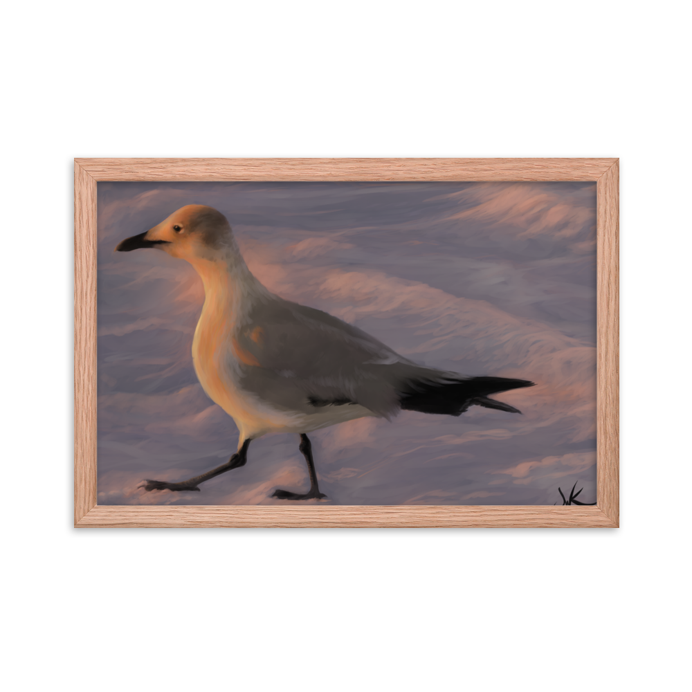 Have you ever been captured by the beauty of a Florida sunset? I was when I painted this digital piece depicting a young laughing gull walking toward the warm glow of the sun as it kissed the ocean “good night.” This digital wildlife animal painting print design is printed on matte paper and comes as framed wall art for display.