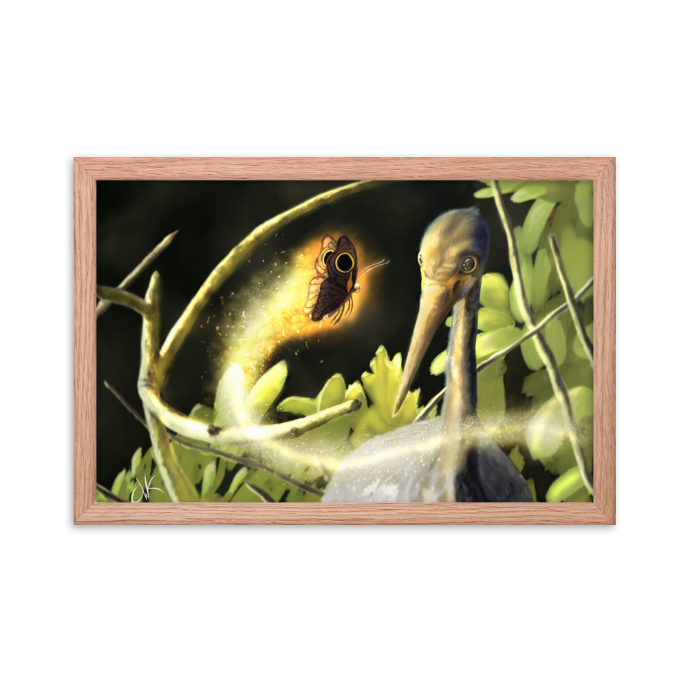 This print of a digital painting is the first image in an ongoing series where animals meet special glowing insects face to face. In this particular encounter, a tricolor crane meets a luminescent butterfly. This digital wildlife animal painting print design is printed on matte paper and comes as framed wall art for display.