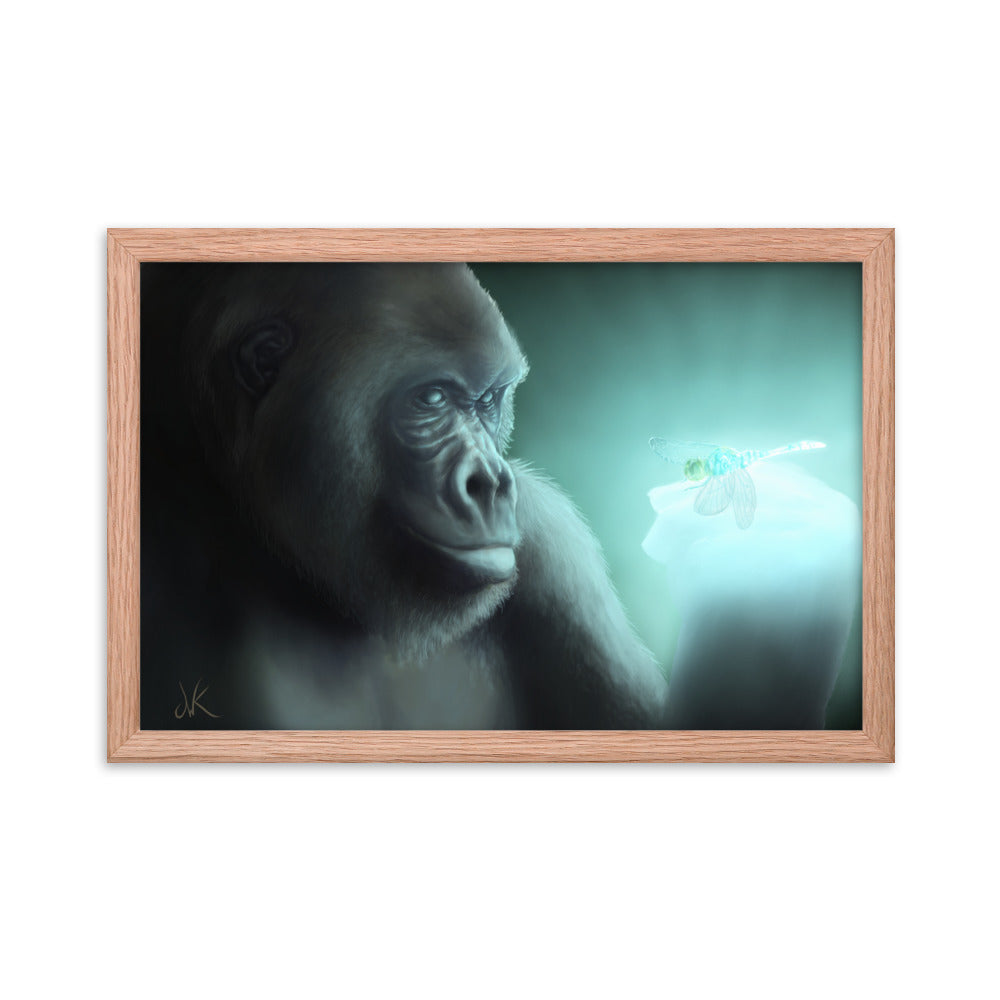 This digital wildlife animal painting print design is of a gorilla encountering a glowing dragonfly. This painting is the second piece of a whimsical series of wildlife art where animals come face to face with mysterious luminous insects. These apes have long facial hair and powerful jaws along with cute and sympathetic eyes. This particular painting design of animal wall art comes as framed matte paper prints ready to be displayed.