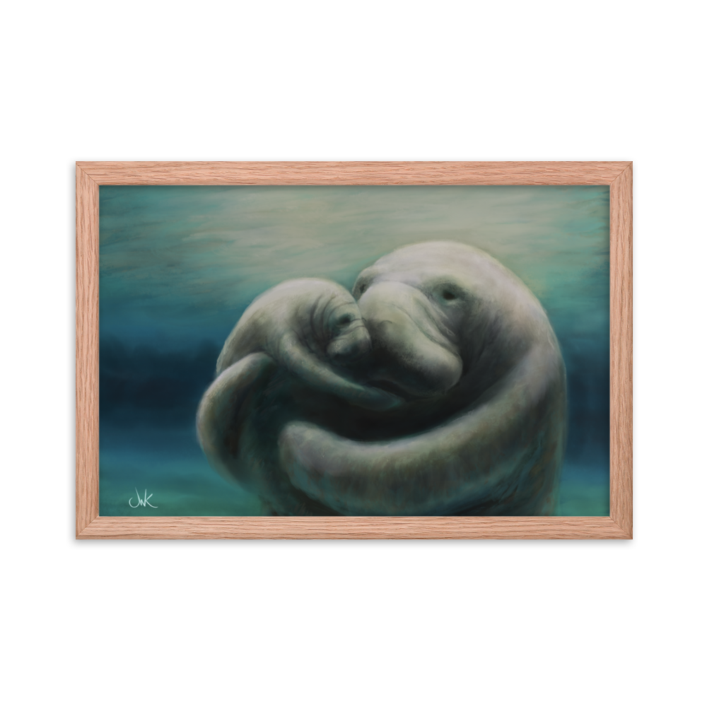 In this print of a digital painting, I tried to capture my love for manatees by showcasing a mother and her calf snuggling. Manatees are natural inhabitants of my state, Florida, especially during the winter months when the warmth of the springs draws them in. This digital wildlife animal painting print design is printed on matte paper and comes as framed wall art for display.