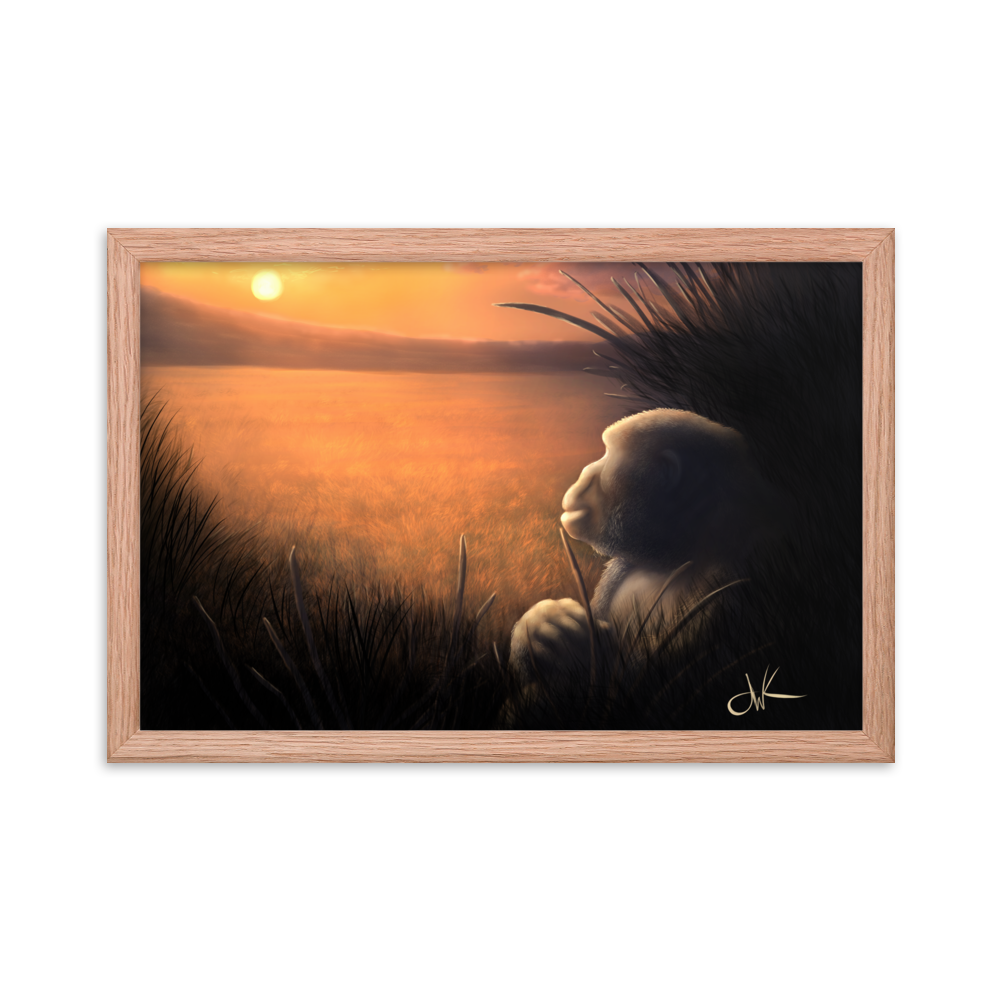 This print of a digital painting was one I worked on over a few livestreams. There’s something about animals in connection with sunrises and sunsets that I feel evokes strong emotions, especially when paired with my favorite animal, a gorilla. These apes have long facial hair and powerful jaws along with cute and sympathetic eyes. This wildlife animal wall art comes framed on matte paper ready to be displayed.