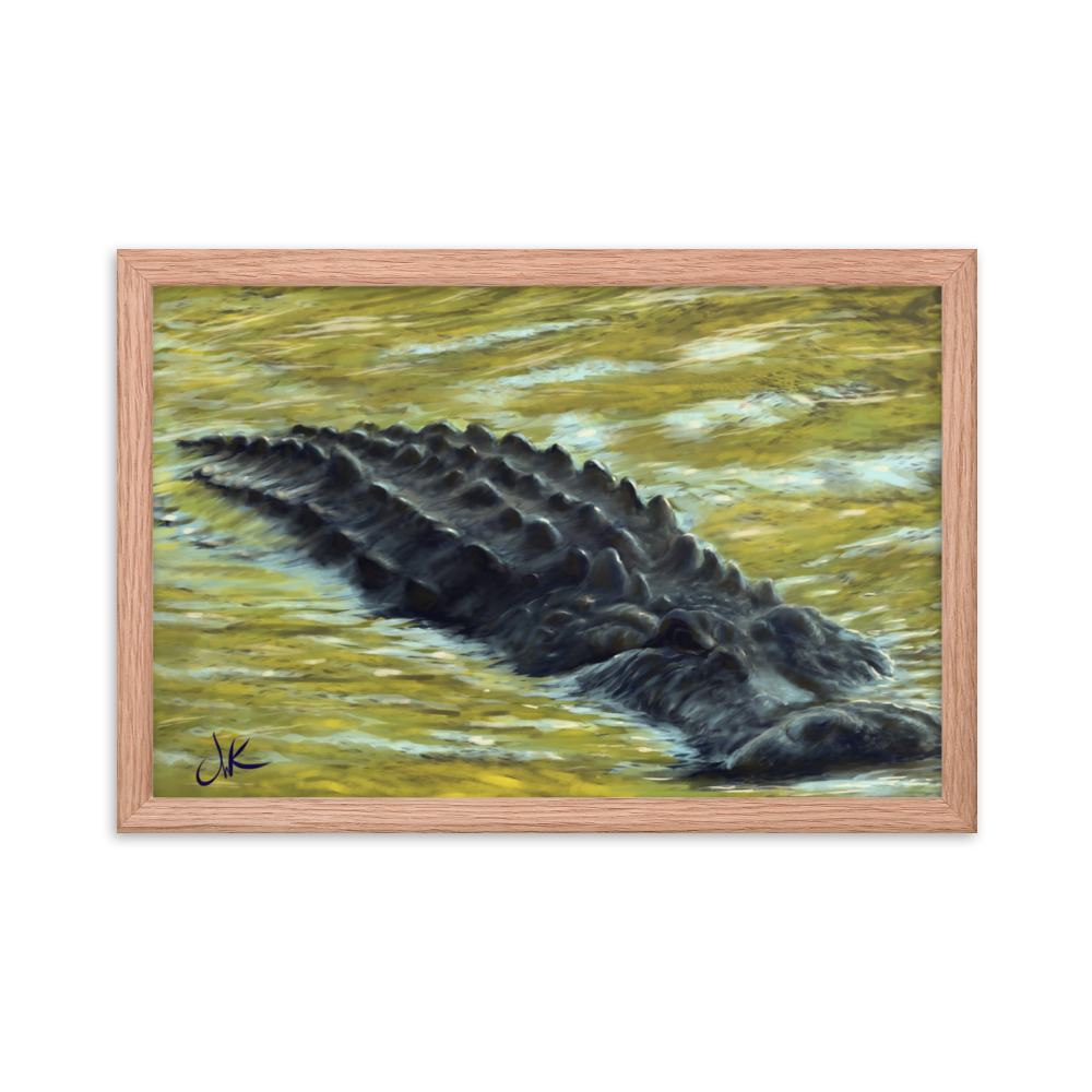 Inspired by the numerous inhabitants of my state, Florida, this print of a digital painting showcases a gator as it floats through the reflective water of an afternoon in the fall when all the leaves are changing color. These reptiles have long snouts and powerful jaws along with dark chilling eyes. This framed matte paper print wall art comes ready to be displayed.