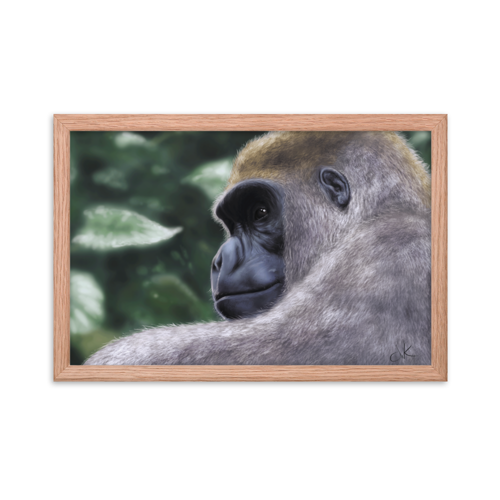 This is a print of a revised digital painting where I started over from scratch. The result is a more realistic gorilla with a pensive gaze.&nbsp;Their human-like qualities make me feel lots of empathy and wonder toward them. They are fascinatingly smart while also full of strength. This digital wildlife animal painting print design is printed on matte paper and comes as framed wall art for display.