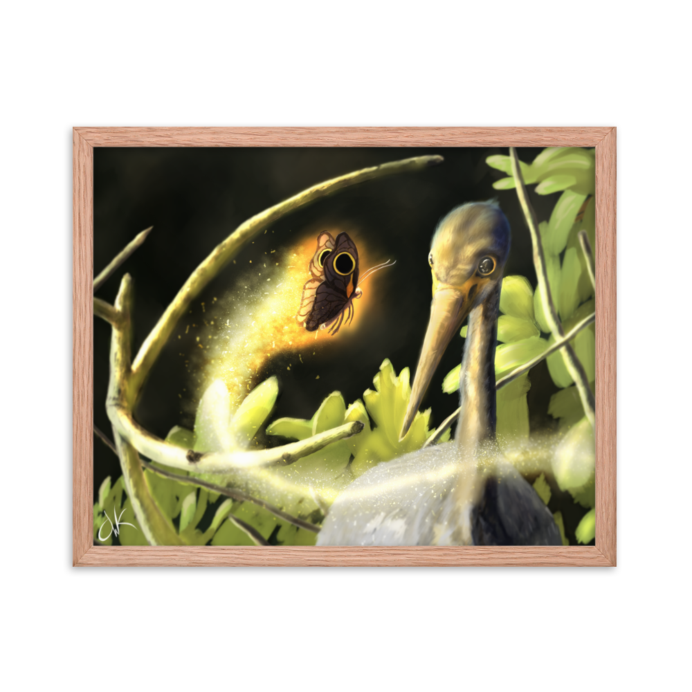 This print of a digital painting is the first image in an ongoing series where animals meet special glowing insects face to face. In this particular encounter, a tricolor crane meets a luminescent butterfly. This digital wildlife animal painting print design is printed on matte paper and comes as framed wall art for display.