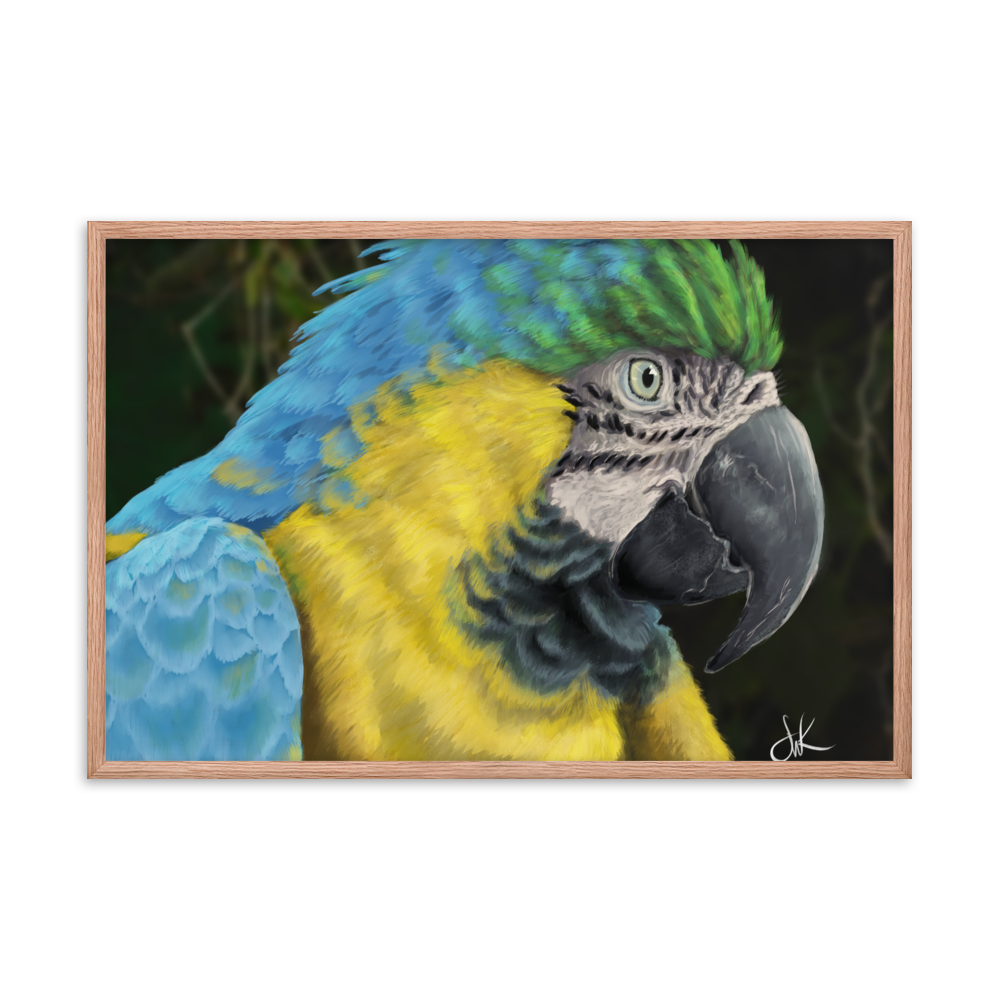 Macaws are such beautiful birds that I had to paint one. I especially love its beautiful vibrant colors in this digital painting. This digital wildlife animal painting print design is printed on matte paper and comes as framed wall art for display.