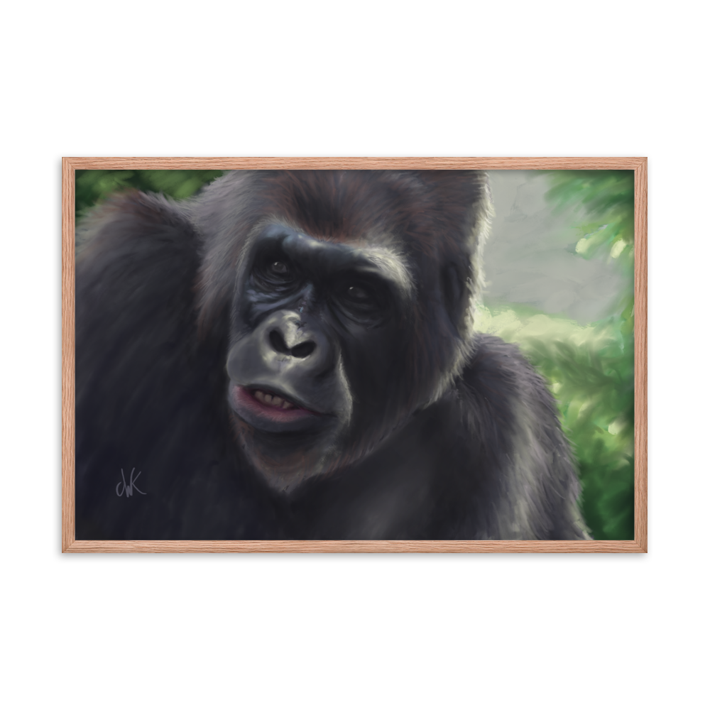 This print showcases a digital painting of my favorite animal, the gorilla. Their human-like qualities make me feel lots of empathy and wonder toward them. They are fascinatingly smart while also full of strength. This digital wildlife animal painting print design is printed on matte paper and comes as framed wall art for display. These apes have long facial hair and powerful jaws along with cute and sympathetic eyes. This print comes framed on matte paper ready to be displayed.