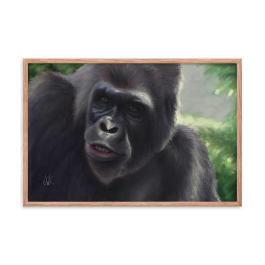 This print showcases a digital painting of my favorite animal, the gorilla. Their human-like qualities make me feel lots of empathy and wonder toward them. They are fascinatingly smart while also full of strength. This digital wildlife animal painting print design is printed on matte paper and comes as framed wall art for display. These apes have long facial hair and powerful jaws along with cute and sympathetic eyes. This print comes framed on matte paper ready to be displayed.