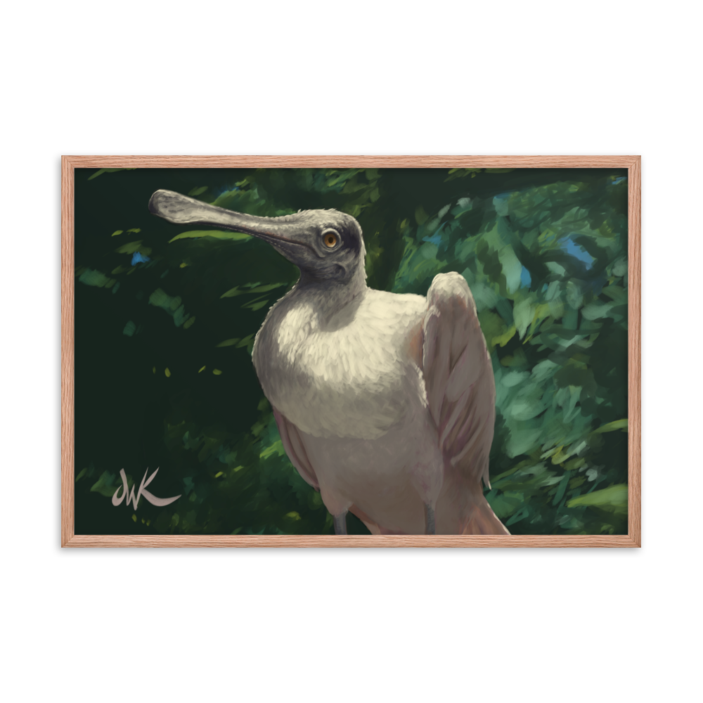 A curiously odd and funny creature, the spoonbill is definitely a sight to see. This is a print of one of my digital paintings capturing the essence of the bird whose name is so fitting. This digital wildlife animal painting print design is printed on matte paper and comes as framed wall art for display.