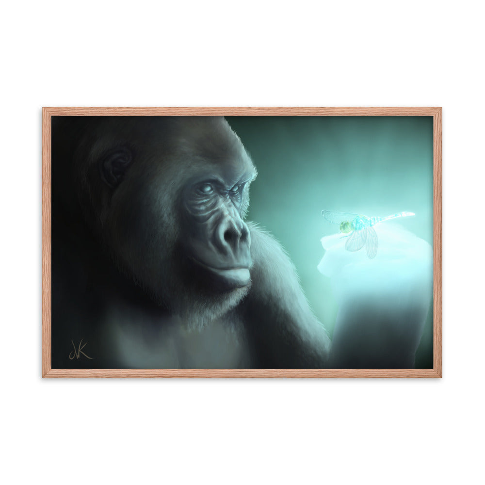 This digital wildlife animal painting print design is of a gorilla encountering a glowing dragonfly. This painting is the second piece of a whimsical series of wildlife art where animals come face to face with mysterious luminous insects. These apes have long facial hair and powerful jaws along with cute and sympathetic eyes. This particular painting design of animal wall art comes as framed matte paper prints ready to be displayed.