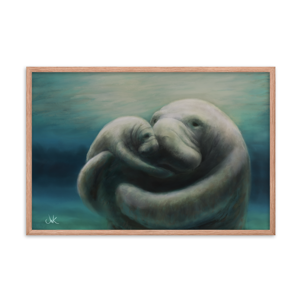 In this print of a digital painting, I tried to capture my love for manatees by showcasing a mother and her calf snuggling. Manatees are natural inhabitants of my state, Florida, especially during the winter months when the warmth of the springs draws them in. This digital wildlife animal painting print design is printed on matte paper and comes as framed wall art for display.