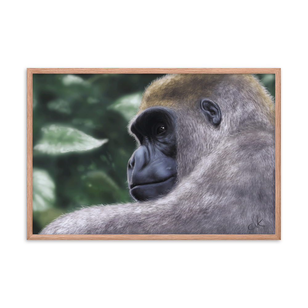 This is a print of a revised digital painting where I started over from scratch. The result is a more realistic gorilla with a pensive gaze.&nbsp;Their human-like qualities make me feel lots of empathy and wonder toward them. They are fascinatingly smart while also full of strength. This digital wildlife animal painting print design is printed on matte paper and comes as framed wall art for display.