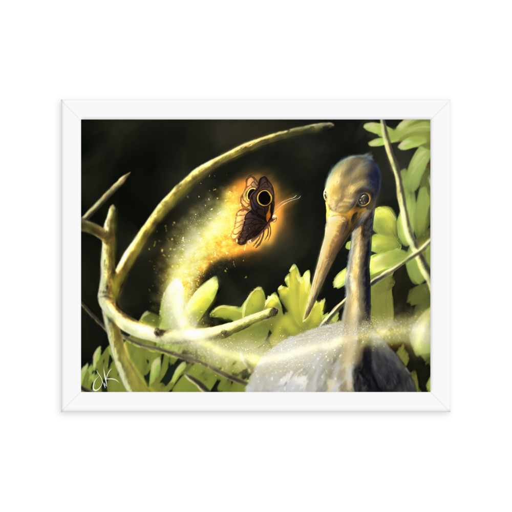 This print of a digital painting is the first image in an ongoing series where animals meet special glowing insects face to face. In this particular encounter, a tricolor crane meets a luminescent butterfly. This digital wildlife animal painting print design is printed on matte paper and comes as framed wall art for display.