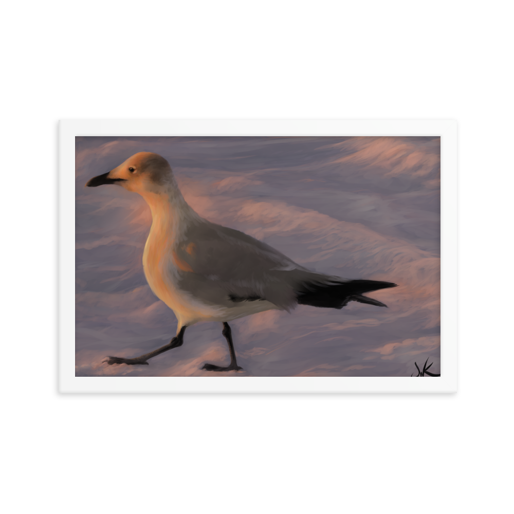 Have you ever been captured by the beauty of a Florida sunset? I was when I painted this digital piece depicting a young laughing gull walking toward the warm glow of the sun as it kissed the ocean “good night.” This digital wildlife animal painting print design is printed on matte paper and comes as framed wall art for display.